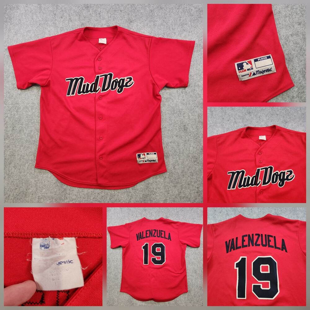 Mud Dogz Jersey Mens L Large Red MLB MiLB Majestic Baseball Valenzuela 19 Adult